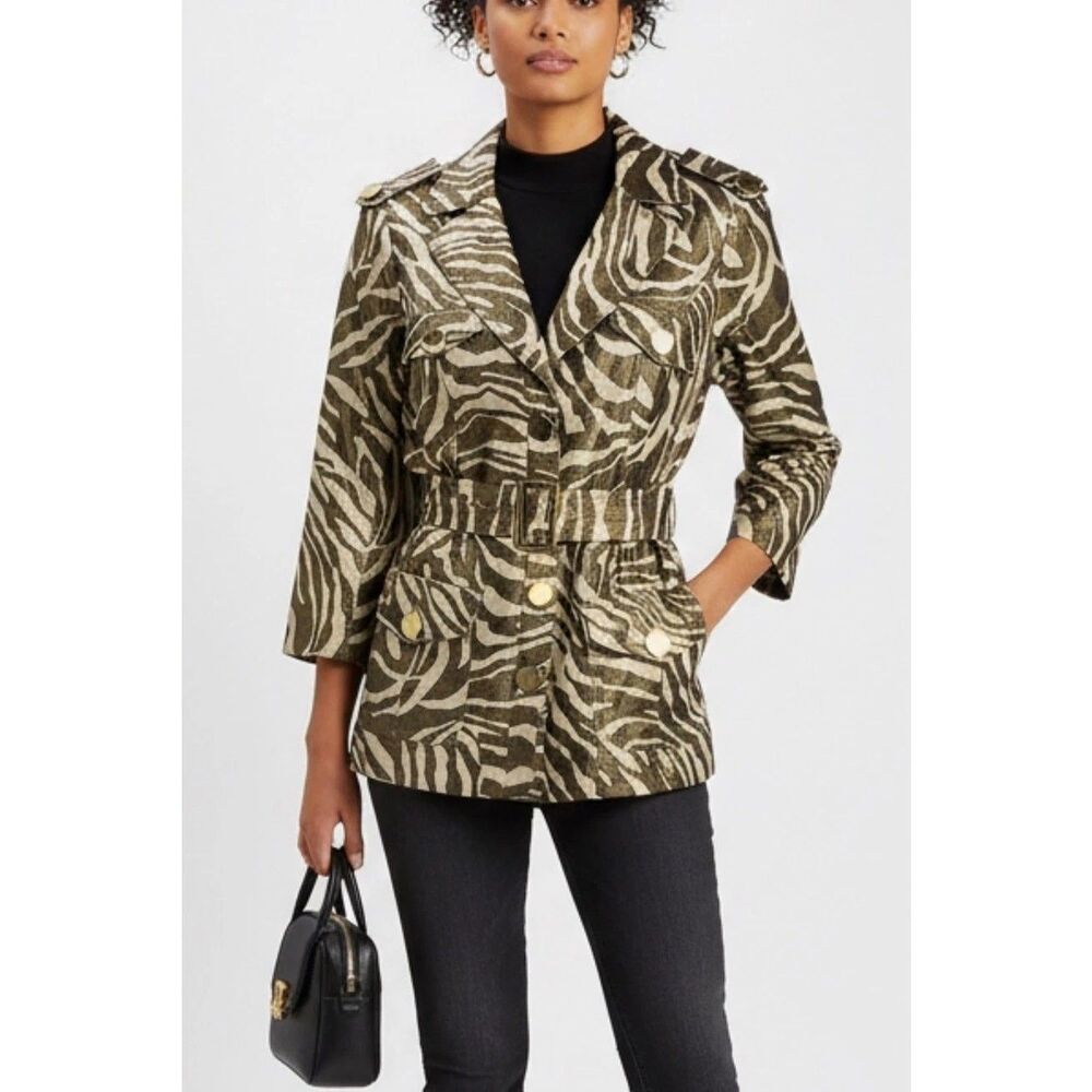 Vintage Cache Metallic Zebra Print Belted Jacket Women's L Gold Tan Safari Y2K